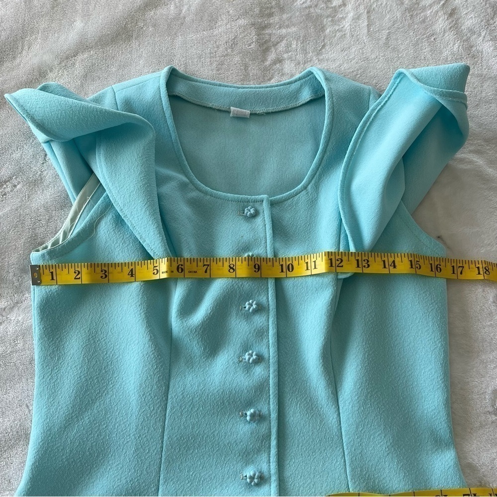 VINTAGE USA Union Made Blue Flutter Sleeve Button Up Dress - Picture 5 of 7